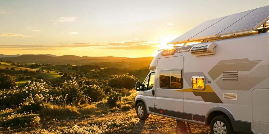 Panneaux solaires sur le toit d'un camping-car au coucher du soleil.