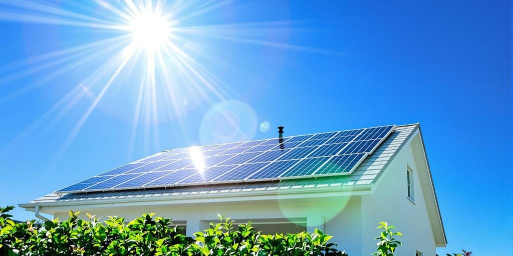 Huis met zonnepanelen, blauwe lucht