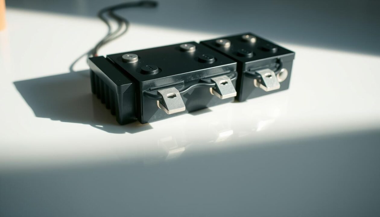 A closeup view of three 12V batteries connected in series, creating an augmented voltage tension. The batteries are arranged neatly on a clean, reflective surface, casting subtle shadows. Bright, directional lighting illuminates the metallic terminals and exposes the textured surfaces of the battery casings. The scene conveys a sense of order and precision, highlighting the technical elegance of the series connection. The lighting and composition emphasize the increased voltage potential, suggesting the advantages of this electrical configuration. A closeup view of three 12V batteries connected in series, creating an augmented voltage tension. The batteries are arranged neatly on a clean, reflective surface, casting subtle shadows. Bright, directional lighting illuminates the metallic terminals and exposes the textured surfaces of the battery casings. The scene conveys a sense of order and precision, highlighting the technical elegance of the series connection. The lighting and composition emphasize the increased voltage potential, suggesting the advantages of this electrical configuration.
