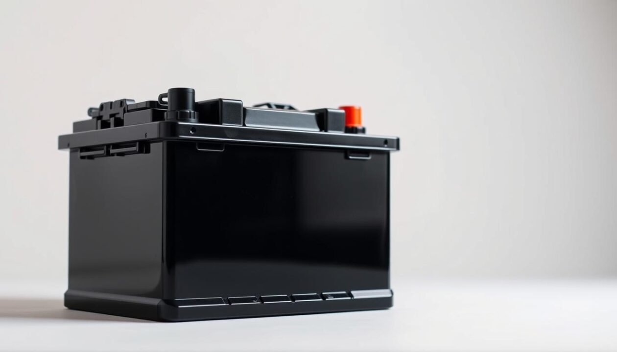 A detailed image of the best caravan battery, showcased in a well-lit, photographic studio setting. The battery is prominently displayed in the foreground, its sleek black casing and shiny terminals gleaming under the soft, diffused lighting. The background is a clean, neutral-toned backdrop, allowing the battery to be the central focus. The composition emphasizes the battery's size, power capacity, and overall quality, conveying a sense of reliability and durability. The lighting is carefully considered, casting gentle shadows that highlight the battery's contours and form. The overall mood is one of professionalism and technical precision, reflecting the importance of choosing the right caravan battery.