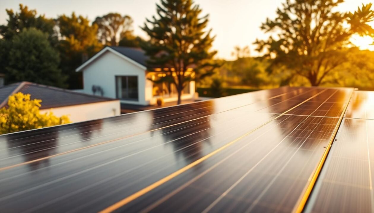 A detailed, real-world solar panel configuration set against a warm, golden-hour landscape. In the foreground, an array of sleek, black solar panels neatly arranged on a residential rooftop, their surfaces catching the soft, directional light. In the middle ground, the home itself, a modern, well-appointed structure with clean lines and large windows. In the background, a lush, verdant garden or yard, framed by mature trees that cast long, dramatic shadows. The scene conveys a sense of sustainability, efficiency, and harmonious integration of renewable energy technology into a comfortable, desirable living environment.