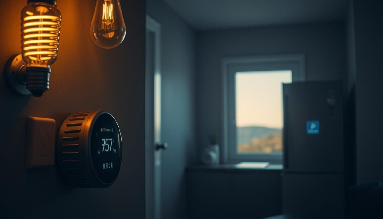 A dimly lit room, illuminated by the warm glow of energy-efficient light bulbs. In the foreground, a smart thermostat regulates the temperature, reducing energy consumption. The middle ground features a sleek, modern appliance powered by renewable energy, its LED display showcasing its energy-saving mode. In the background, a window overlooks a serene, sun-drenched landscape, hinting at the potential for solar power integration. The overall atmosphere conveys a sense of harmony between technology and sustainability, highlighting the importance of reducing energy usage in the pursuit of a greener future. A dimly lit room, illuminated by the warm glow of energy-efficient light bulbs. In the foreground, a smart thermostat regulates the temperature, reducing energy consumption. The middle ground features a sleek, modern appliance powered by renewable energy, its LED display showcasing its energy-saving mode. In the background, a window overlooks a serene, sun-drenched landscape, hinting at the potential for solar power integration. The overall atmosphere conveys a sense of harmony between technology and sustainability, highlighting the importance of reducing energy usage in the pursuit of a greener future.