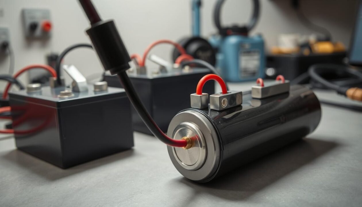 A high-resolution photograph of an electrical connection with three batteries connected in series. The foreground shows the third battery's positive and negative terminals being connected to the circuit, with the battery resting on a sturdy surface. The middle ground features the previous two batteries in the series, their connections visible. The background has a clean, well-lit workspace with minimal clutter, emphasizing the technical focus. The lighting is bright and even, highlighting the metallic components and creating shadows that add depth. The camera angle is slightly elevated, providing a clear view of the entire setup. The overall mood is one of precision, organization, and technical expertise. A high-resolution photograph of an electrical connection with three batteries connected in series. The foreground shows the third battery's positive and negative terminals being connected to the circuit, with the battery resting on a sturdy surface. The middle ground features the previous two batteries in the series, their connections visible. The background has a clean, well-lit workspace with minimal clutter, emphasizing the technical focus. The lighting is bright and even, highlighting the metallic components and creating shadows that add depth. The camera angle is slightly elevated, providing a clear view of the entire setup. The overall mood is one of precision, organization, and technical expertise.