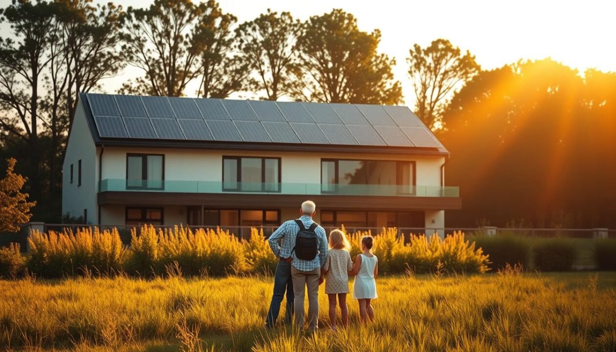 A large, modern residential building with solar panels covering the roof, surrounded by a lush, green landscape. In the foreground, a family standing together, gazing up at the panels with a sense of pride and self-sufficiency. The scene is bathed in warm, golden sunlight, casting long shadows and creating a serene, contemplative atmosphere. The building's architecture features clean lines and minimalist design, hinting at the efficiency and sustainability of the home's energy system. In the background, a row of mature trees frames the scene, adding to the peaceful, natural ambiance.