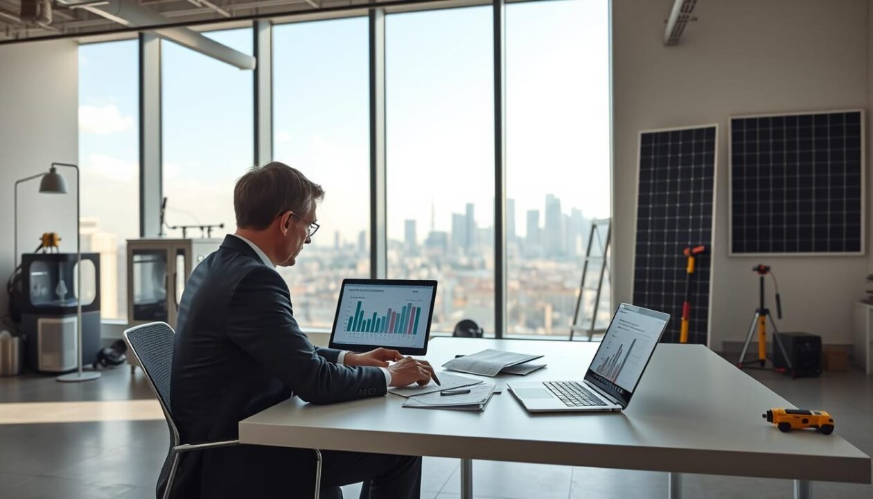 A modern, well-lit office interior, with a large window overlooking an urban skyline. In the foreground, a businessperson sits at a sleek, minimalist desk, contemplating financial documents and a laptop screen displaying charts and graphs related to renewable energy and self-consumption. The middle ground features carefully arranged office equipment, including a 3D printer, power tools, and renewable energy components. The background showcases a clean, bright space with subtle industrial accents, conveying a sense of innovative, sustainable business practices. The overall mood is one of thoughtful, forward-looking entrepreneurship, with a focus on renewable energy solutions and self-sufficiency.