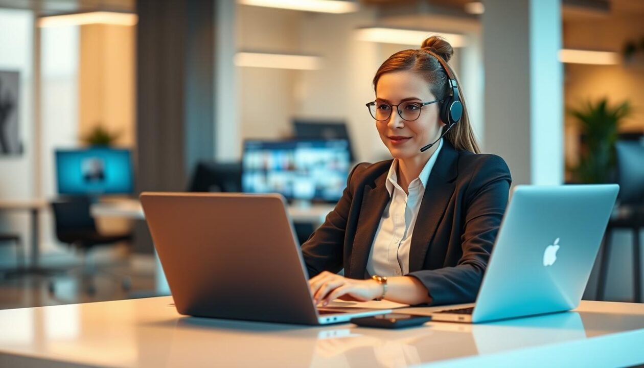 A responsive and efficient customer service representative, seated at a modern, minimalist desk, intently focused on a laptop screen. Warm, diffused lighting illuminates the scene, creating a calm and professional atmosphere. The representative's expression conveys empathy and dedication, ready to address the needs of the customer. In the background, a blurred office environment with sleek, contemporary furnishings suggests a well-organized and customer-centric workspace. The overall impression is one of a responsive and effective customer service experience.