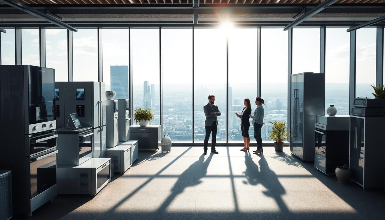 A serene corporate office space, flooded with natural light from expansive windows. In the foreground, an array of energy-efficient appliances and devices, their sleek designs embodying the concept of "réduction des coûts énergétiques." The middle ground features a team of business professionals, engaged in a collaborative discussion, examining data visualizations that showcase the financial and environmental benefits of their energy-saving initiatives. In the background, a panoramic view of a bustling cityscape, symbolizing the broader impact of the company's commitment to sustainable practices. The scene exudes a sense of innovation, progress, and a forward-thinking approach to operational efficiency.