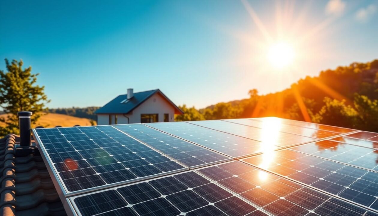 A serene solar energy application scene, with a well-designed photovoltaic system installed on a rooftop, bathed in warm, golden sunlight. In the foreground, sleek solar panels capture the sun's rays, their glossy surfaces reflecting the clear blue sky. In the middle ground, a modern, energy-efficient home blends seamlessly with the solar installation, showcasing the integration of renewable technology. In the background, a lush, verdant landscape provides a natural backdrop, emphasizing the sustainable harmony between technology and the environment. The composition evokes a sense of clean, renewable energy, highlighting the practical applications of a solar energy management system. A serene solar energy application scene, with a well-designed photovoltaic system installed on a rooftop, bathed in warm, golden sunlight. In the foreground, sleek solar panels capture the sun's rays, their glossy surfaces reflecting the clear blue sky. In the middle ground, a modern, energy-efficient home blends seamlessly with the solar installation, showcasing the integration of renewable technology. In the background, a lush, verdant landscape provides a natural backdrop, emphasizing the sustainable harmony between technology and the environment. The composition evokes a sense of clean, renewable energy, highlighting the practical applications of a solar energy management system.