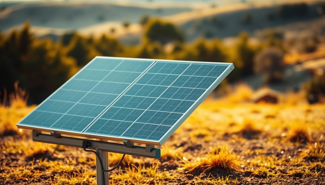 A solar panel mounted on a sturdy frame, with its surface angled to capture the most sunlight. The panel casts a sharp, defined shadow on the ground, indicating a precise, calculated tilt. The surroundings are serene, with a softly blurred landscape in the background, allowing the panel to be the central focus. Warm, golden sunlight bathes the scene, creating a sense of energy and efficiency. The panel's sleek, modern design and optimal orientation exemplify the principles of solar power optimization. A solar panel mounted on a sturdy frame, with its surface angled to capture the most sunlight. The panel casts a sharp, defined shadow on the ground, indicating a precise, calculated tilt. The surroundings are serene, with a softly blurred landscape in the background, allowing the panel to be the central focus. Warm, golden sunlight bathes the scene, creating a sense of energy and efficiency. The panel's sleek, modern design and optimal orientation exemplify the principles of solar power optimization.