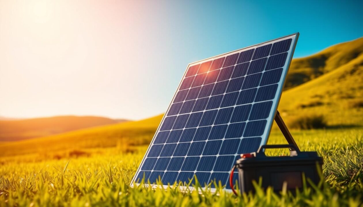 A solar panel standing in a lush, green meadow, bathed in warm, golden sunlight. The panel's sleek, modern design catches the light, its surface gleaming as it charges a portable battery pack nearby. In the background, rolling hills and a clear blue sky create a serene, peaceful atmosphere. The scene conveys a sense of off-grid, sustainable power generation, ready to power a camping adventure. The camera angle is slightly elevated, providing a clear view of the setup and emphasizing the panel's efficient energy capture. A solar panel standing in a lush, green meadow, bathed in warm, golden sunlight. The panel's sleek, modern design catches the light, its surface gleaming as it charges a portable battery pack nearby. In the background, rolling hills and a clear blue sky create a serene, peaceful atmosphere. The scene conveys a sense of off-grid, sustainable power generation, ready to power a camping adventure. The camera angle is slightly elevated, providing a clear view of the setup and emphasizing the panel's efficient energy capture.