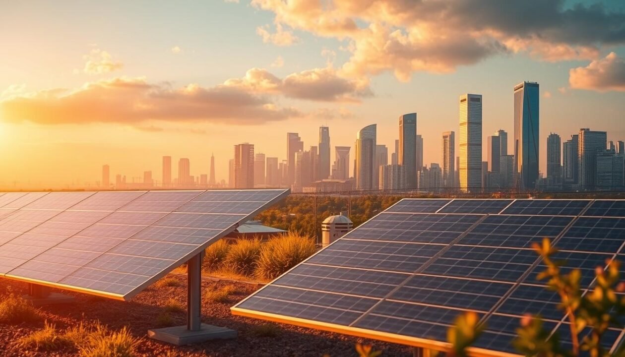 A solar-powered energy optimization scene, captured in a warm, futuristic atmosphere. In the foreground, a sleek, modern solar panel array stands prominently, its efficient design harnessing the sun's rays. In the middle ground, a network of interconnected smart home devices and energy management systems illustrate the integration of renewable energy sources. The background features a cityscape with gleaming skyscrapers, symbolizing the scaling of sustainable energy solutions. Soft, diffused lighting casts a gentle glow, creating a sense of harmony between technology and nature. The overall composition conveys a vision of optimized, clean energy powering the future. A solar-powered energy optimization scene, captured in a warm, futuristic atmosphere. In the foreground, a sleek, modern solar panel array stands prominently, its efficient design harnessing the sun's rays. In the middle ground, a network of interconnected smart home devices and energy management systems illustrate the integration of renewable energy sources. The background features a cityscape with gleaming skyscrapers, symbolizing the scaling of sustainable energy solutions. Soft, diffused lighting casts a gentle glow, creating a sense of harmony between technology and nature. The overall composition conveys a vision of optimized, clean energy powering the future.