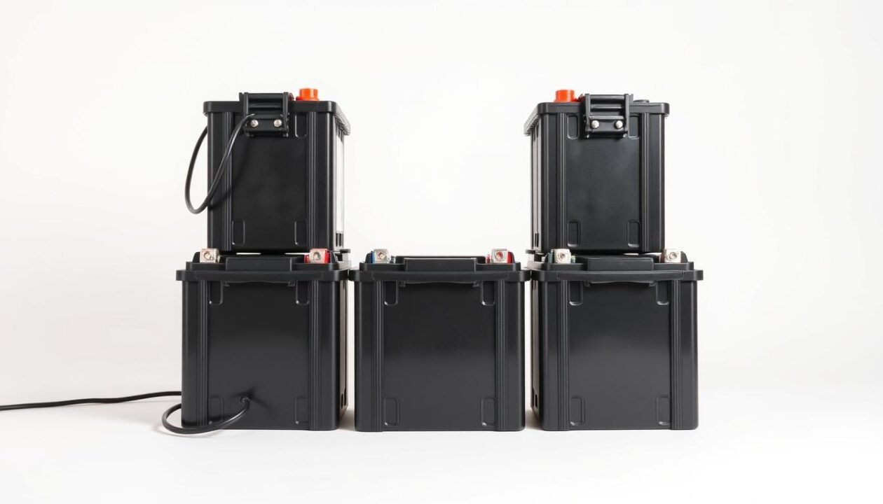 A tidy arrangement of three 12V lead-acid batteries, neatly stacked and connected in series. The batteries are showcased against a plain white background, with soft, even lighting illuminating their rugged, industrial forms. The connections between the batteries are clearly visible, creating a visually cohesive and informative montage that highlights the step-by-step process of linking multiple batteries together. The composition is balanced, with the batteries positioned centrally and occupying the majority of the frame, conveying a sense of focus and attention to detail. The overall tone is one of clarity and technical precision, reflecting the informative nature of the accompanying article section. A tidy arrangement of three 12V lead-acid batteries, neatly stacked and connected in series. The batteries are showcased against a plain white background, with soft, even lighting illuminating their rugged, industrial forms. The connections between the batteries are clearly visible, creating a visually cohesive and informative montage that highlights the step-by-step process of linking multiple batteries together. The composition is balanced, with the batteries positioned centrally and occupying the majority of the frame, conveying a sense of focus and attention to detail. The overall tone is one of clarity and technical precision, reflecting the informative nature of the accompanying article section.