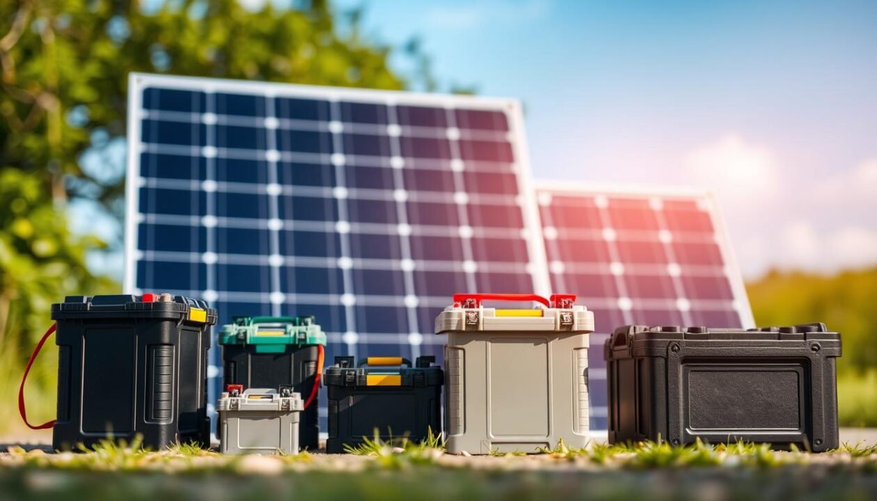 A well-lit and neatly arranged display of high-capacity camping batteries with solar charging capabilities. The foreground features several battery packs in various sizes and colors, showcased against a softly blurred background of lush greenery and a clear blue sky. The middle ground includes a solar panel array, strategically positioned to harness the sun's energy and power the batteries. The overall composition conveys a sense of efficiency, durability, and the harmony between outdoor adventure and sustainable energy solutions. A well-lit and neatly arranged display of high-capacity camping batteries with solar charging capabilities. The foreground features several battery packs in various sizes and colors, showcased against a softly blurred background of lush greenery and a clear blue sky. The middle ground includes a solar panel array, strategically positioned to harness the sun's energy and power the batteries. The overall composition conveys a sense of efficiency, durability, and the harmony between outdoor adventure and sustainable energy solutions.