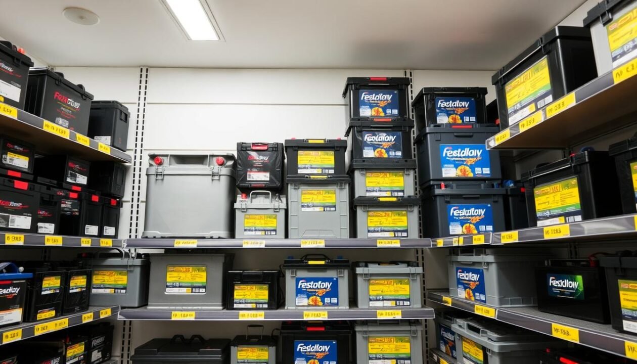 A well-lit display of various car and leisure batteries in an electronics store, showcasing their different sizes, shapes, and voltages. The batteries are neatly arranged on shelves, with clean and organized branding and pricing labels. The lighting is bright and even, highlighting the gleaming metal casings and the vibrant colors of the labels. The store environment is modern and minimalist, with a sense of professionalism and attention to detail, creating an atmosphere of reliability and expertise in battery products for caravans and leisure activities.