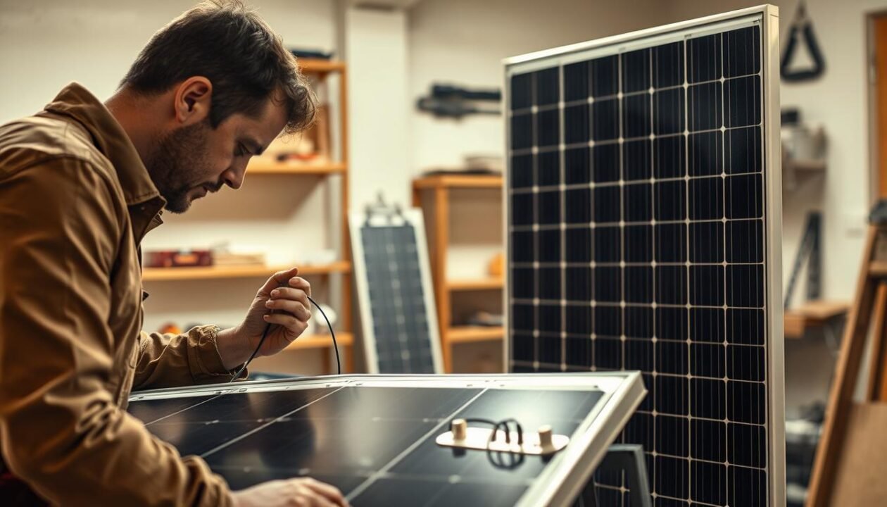A well-lit workshop setting, a solar panel installation in progress. In the foreground, a technician carefully wiring a solar battery bank, connecting positive and negative terminals with precision. Midground shows a partially assembled solar panel frame, its metallic structure and glass surface glistening under soft, diffused lighting. In the background, shelves of tools and supplies, neatly organized, convey a sense of preparedness. Warm, earthy tones dominate the scene, creating a calming, focused atmosphere suitable for the delicate task at hand. The composition emphasizes the methodical, step-by-step nature of the solar panel installation process.
