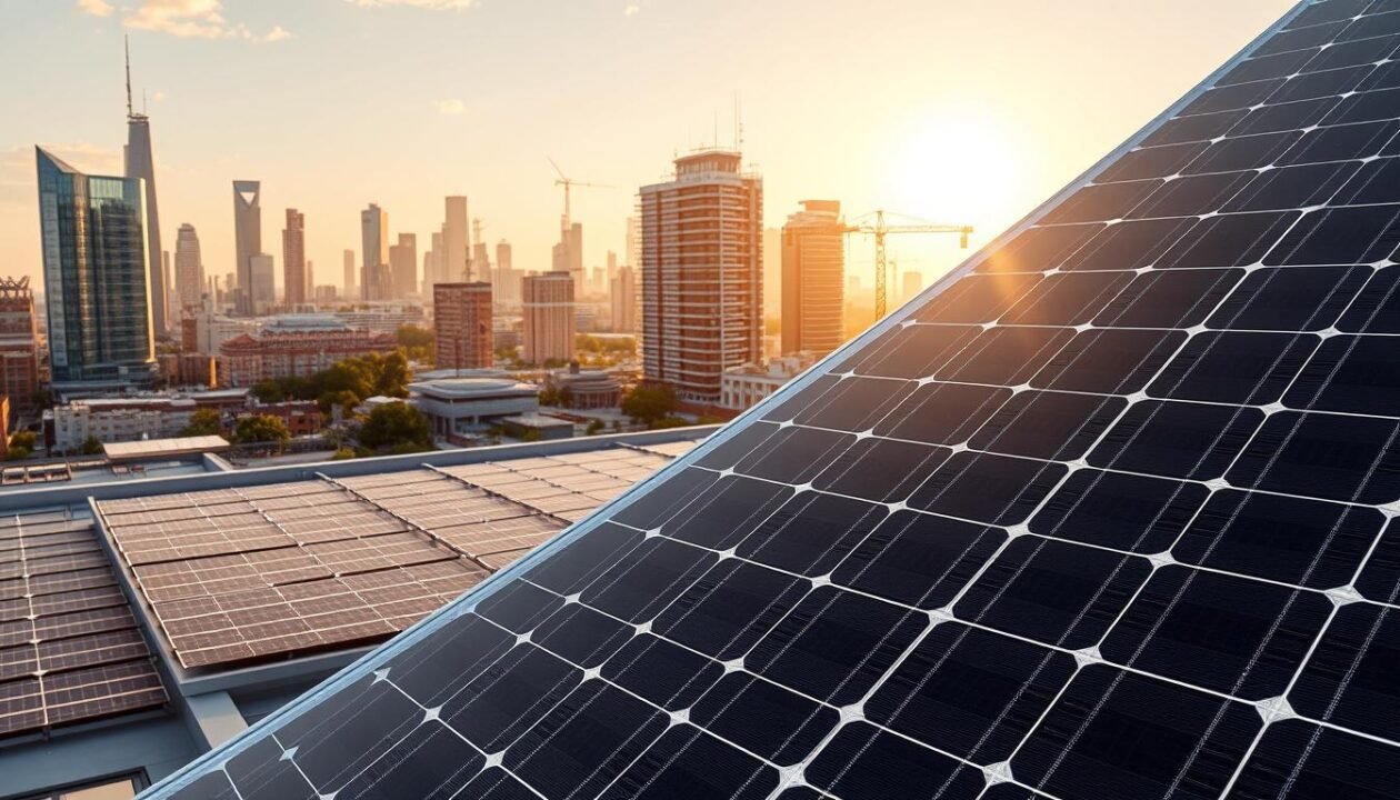 Innovations panneau solaire: a photorealistic image of the latest solar panel technologies. In the foreground, a sleek, black monocrystalline solar panel with a high-efficiency rating and a futuristic, angular design. In the middle ground, a grid of smaller, flexible solar cells integrated into a building's facade, showcasing the versatility of solar power. In the background, a cityscape with towering skyscrapers and renewable energy infrastructure, bathed in warm, golden sunlight. The scene conveys a sense of progress, sustainability, and the continuous evolution of solar power solutions.