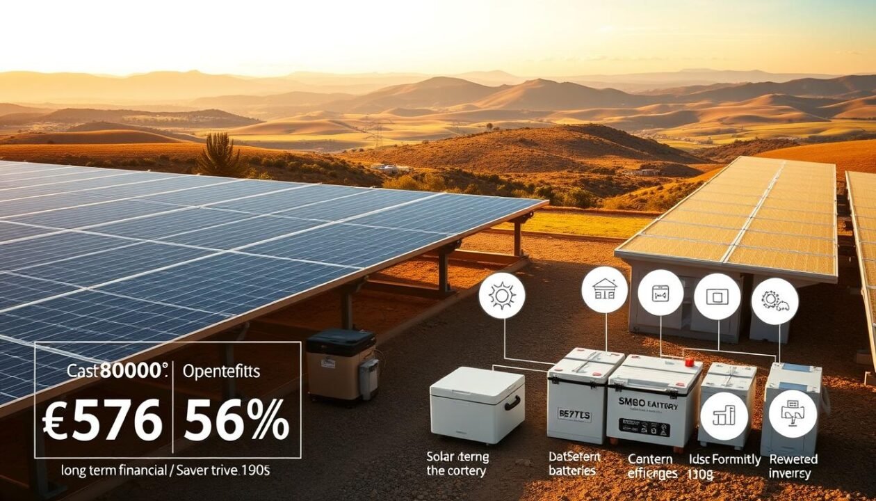A breathtaking vista of a solar battery bank, its sleek panels gleaming in the warm sunlight. In the foreground, a detailed diagram showcases the cost-saving benefits of this renewable energy solution, with clear numerical data and icons representing the potential for long-term financial savings. The middle ground features a well-organized storage system, neatly arranged batteries and power inverters, all working in harmony to maximize efficiency. In the background, a serene landscape of rolling hills and a cloudless sky, conveying a sense of environmental harmony and sustainability. Soft, diffused lighting casts a gentle glow over the entire scene, creating an atmosphere of tranquility and enlightenment.