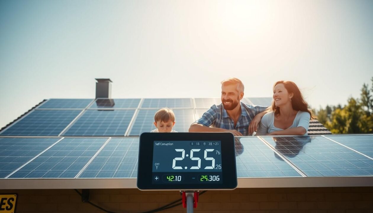 A bright, sunny day illuminates a residential rooftop adorned with sleek solar panels. In the foreground, a happy family enjoys the energy savings and environmental benefits of their self-consumption setup, the solar energy powering their home and appliances. The middle ground showcases a digital display that tracks the system's real-time energy generation and consumption, highlighting the substantial cost reductions. In the background, a lush green landscape and clear blue sky convey a sense of sustainability and eco-consciousness. The scene exudes a mood of contentment, financial prudence, and environmental responsibility, capturing the essence of self-consumption and the associated economic benefits.