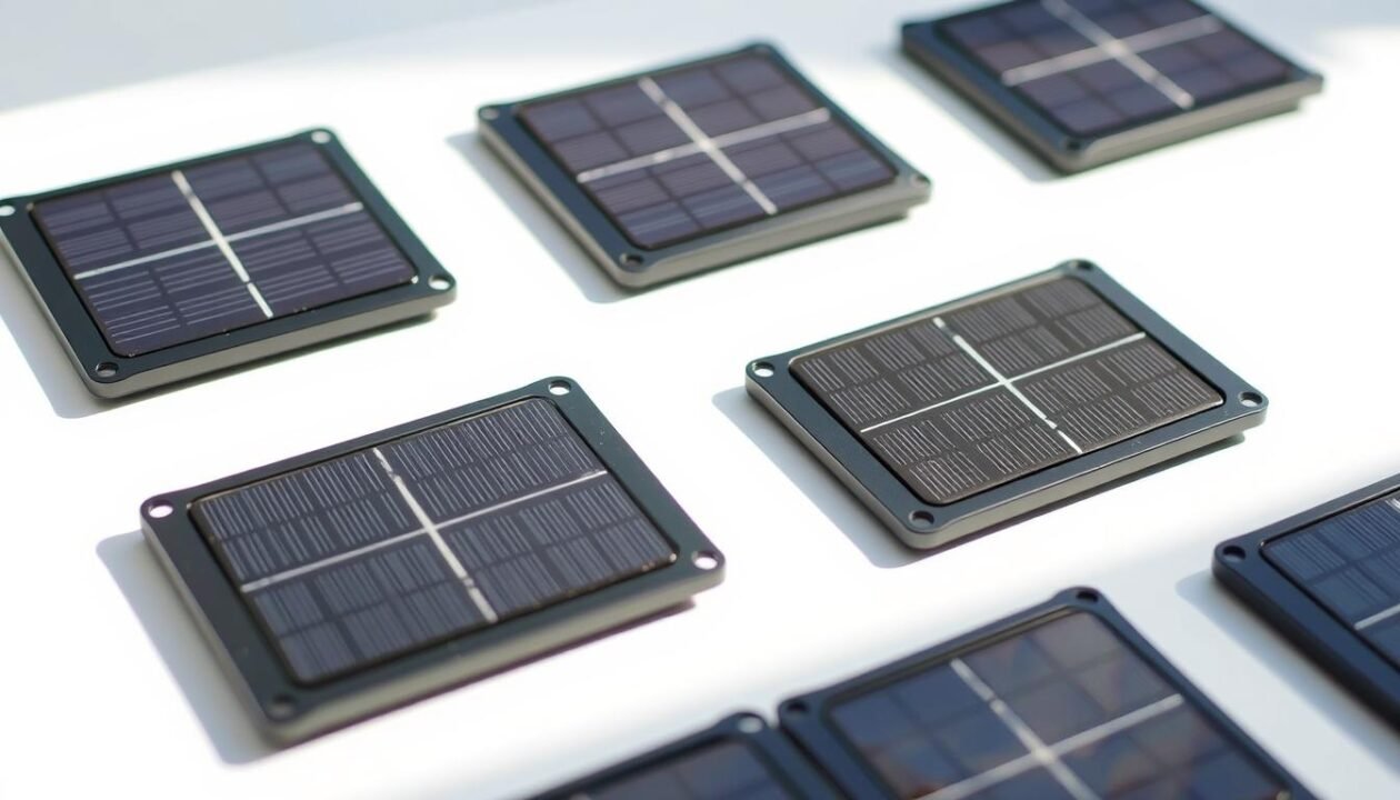 A close-up view of the top 5 mini solar panels designed for powering LED lights. The panels are arranged in a neat row, each showcasing its sleek, compact design with a black matte finish and high-efficiency solar cells. The panels are illuminated by soft, natural lighting, casting gentle shadows that highlight their thin profiles. The background is a clean, white surface, allowing the solar panels to take center stage and showcase their practical, functional aesthetic. The lighting and composition create a sense of order and simplicity, reflecting the panels' intended use for powering basic LED lighting applications. A close-up view of the top 5 mini solar panels designed for powering LED lights. The panels are arranged in a neat row, each showcasing its sleek, compact design with a black matte finish and high-efficiency solar cells. The panels are illuminated by soft, natural lighting, casting gentle shadows that highlight their thin profiles. The background is a clean, white surface, allowing the solar panels to take center stage and showcase their practical, functional aesthetic. The lighting and composition create a sense of order and simplicity, reflecting the panels' intended use for powering basic LED lighting applications.