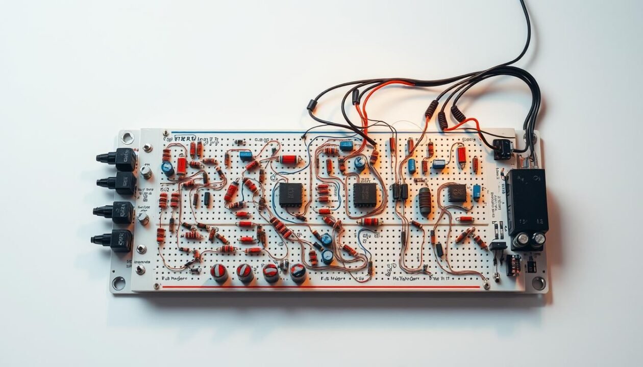 A complex electrical circuit on a clean, minimalist workspace. The circuit board is the focal point, with various resistors, capacitors, and other components arranged in an organized layout. The board is illuminated from above by a warm, directional light, casting shadows that highlight the intricate wiring and connections. The background is a plain, neutral color, creating a sense of focus and clarity. The overall mood is one of precision, functionality, and technical expertise, conveying the process of calculating electrical power.
