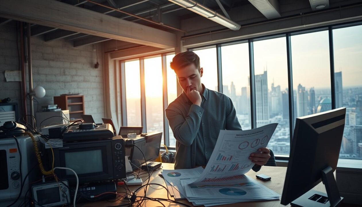 A contemporary industrial interior setting with high ceilings and exposed concrete walls. In the foreground, a cluttered desk with various electronics and household appliances, haphazardly plugged into power outlets. The middle ground features a person studying energy usage diagrams and charts, a pensive expression on their face. In the background, a large window overlooking a bustling city skyline, the sun casting warm, golden light across the scene. The overall atmosphere conveys a sense of awareness and contemplation around common energy efficiency missteps in the home and workplace.