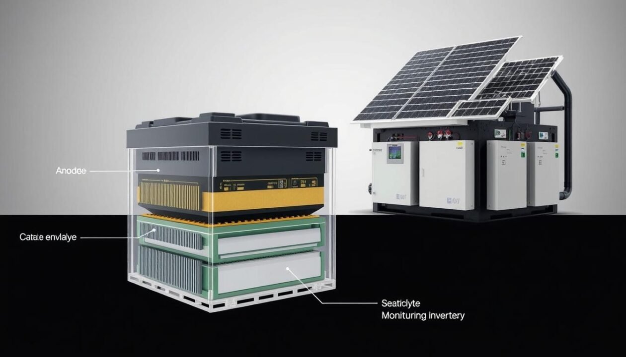 A detailed cross-section diagram of a lithium-ion battery storage solution for solar power systems. The foreground shows the internal battery components - the anode, cathode, electrolyte, and separator layers. The middle ground depicts the battery enclosure, with cooling vents and monitoring circuitry. The background showcases the overall battery system, integrated with solar panels and power inverters, demonstrating its durability and longevity for renewable energy storage. The image has a technical, engineering-focused aesthetic, using muted colors and precise linework to convey the reliable, high-performance nature of the solar battery solution.