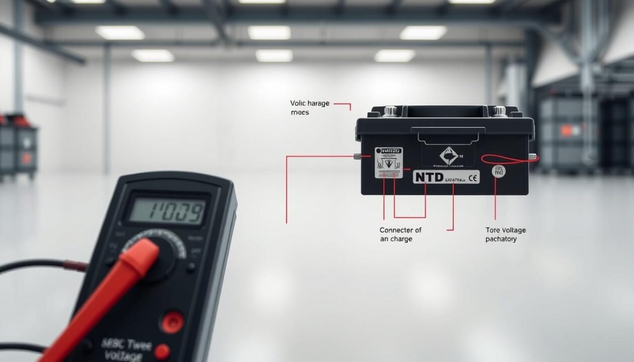 A detailed diagram of a diagnostic process for checking a battery's charge. In the foreground, a voltmeter carefully measures the battery's voltage, revealing its current charge level. In the middle ground, various battery components are highlighted, including the terminals, connectors, and voltage regulator. The background features a clean, minimalist industrial setting with soft, even lighting, conveying a sense of precision and technical expertise. The overall scene emphasizes the importance of a methodical, step-by-step approach to accurately assessing a battery's state of charge.