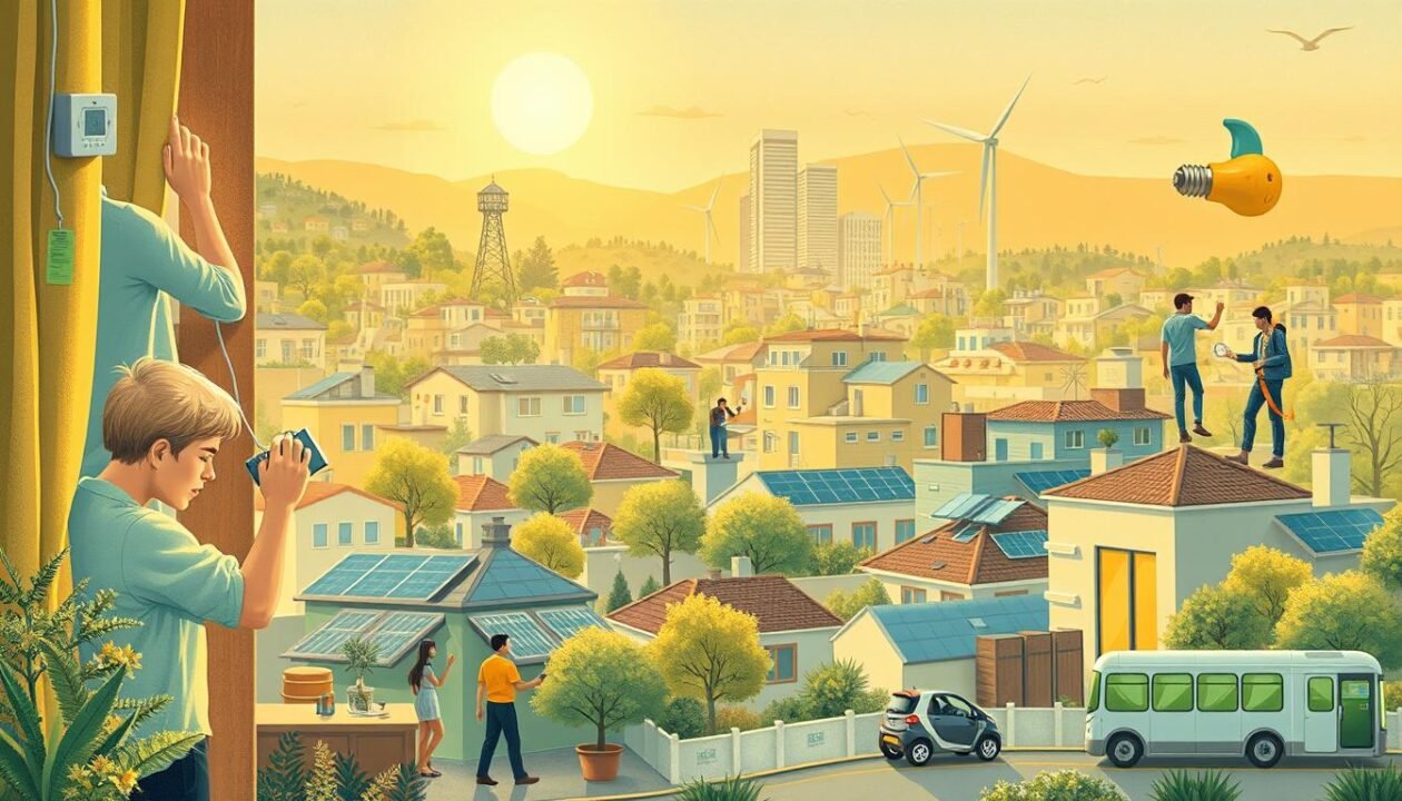 A detailed illustration of eco-friendly actions to reduce electricity consumption. In the foreground, a person turning off lights, unplugging devices, and adjusting a thermostat. In the middle ground, people using energy-efficient appliances and LED light bulbs. In the background, a cityscape with solar panels on rooftops, wind turbines, and electric vehicles. The scene is bathed in warm, natural lighting, conveying a sense of sustainability and environmental consciousness. The overall mood is informative and inspirational, encouraging the viewer to adopt these energy-saving practices.