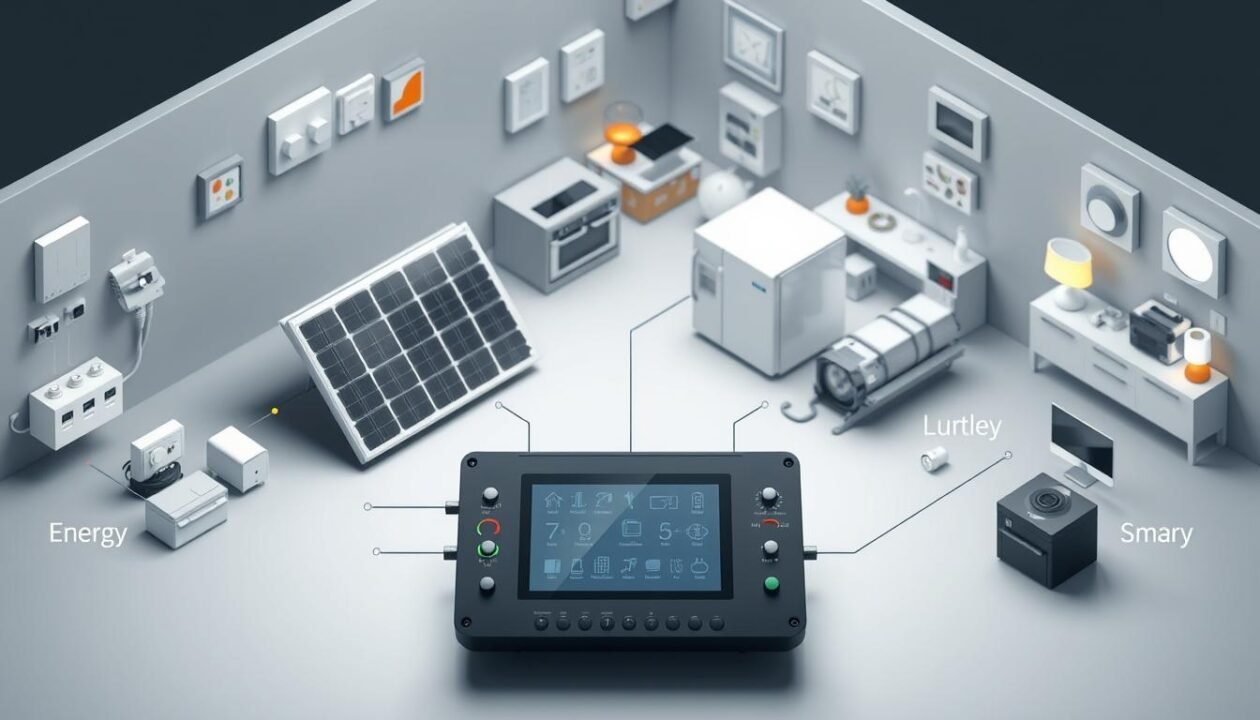A detailed schematic diagram of the essential components of a solar home automation system. In the foreground, a central control panel with touch screen and various input/output interfaces. In the middle ground, a solar panel array, energy storage batteries, and a power inverter. In the background, smart home devices like thermostats, lighting, and appliances, all interconnected and communicating with the control system. The scene is rendered with a clean, technical aesthetic, using isometric perspective and muted colors to emphasize the functional nature of the components. Precise, high-detail rendering to clearly illustrate the system architecture.