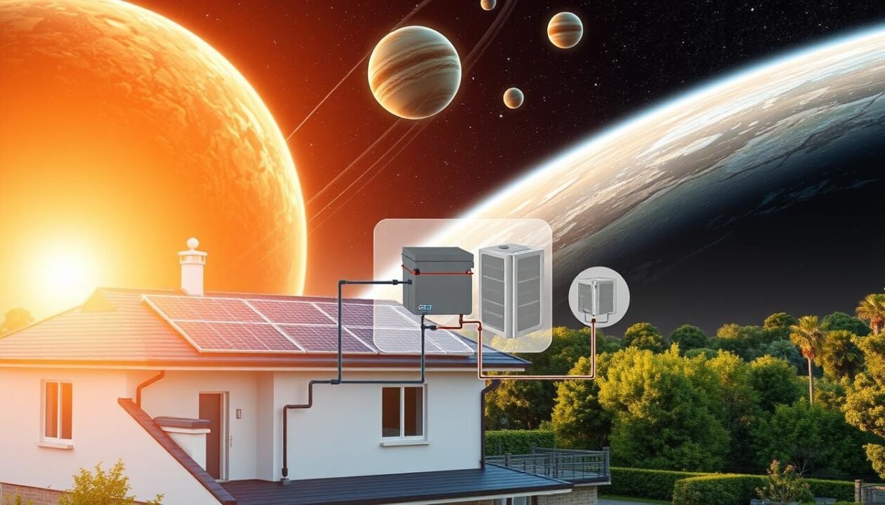 A detailed, scientifically accurate illustration of a solar system installation. In the foreground, a residential home with solar panels on the roof, connected to a battery storage system. The middle ground features a schematic diagram of the micro-inverter setup, showing the integration of the battery and solar array. In the background, a sprawling 3D render of the planets and celestial bodies of our solar system, rendered with realistic textures and lighting to convey a sense of scale and grandeur. The overall scene should have a clean, technical aesthetic, with a neutral color palette and precise, engineering-inspired composition to reflect the subject matter of the article.