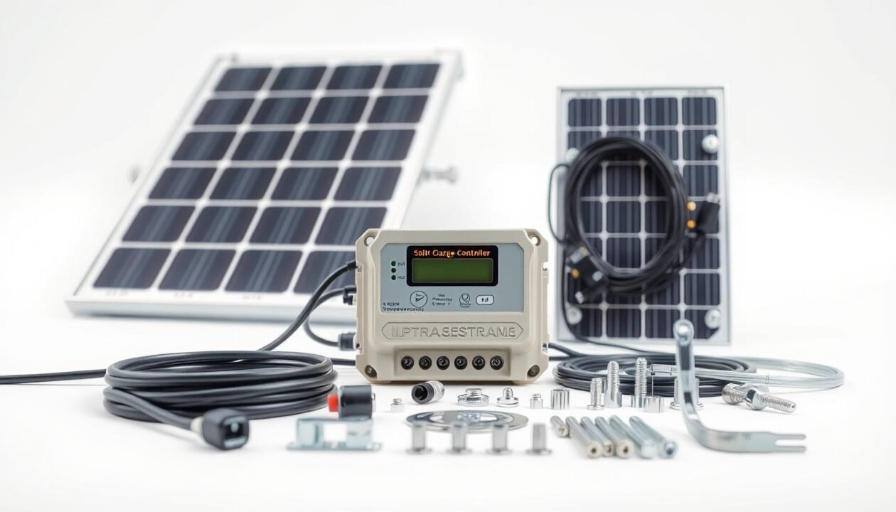 A detailed, technical close-up image of a solar panel kit. The foreground features the various components of the kit, including the solar panel, charge controller, cables, and mounting hardware, all rendered in a clean, minimalist style with a focus on the intricate details and textures. The middle ground showcases the kit assembled and ready for installation, positioned against a plain white background to highlight the engineering and design. The lighting is bright and evenly distributed, creating a sense of clarity and precision. The overall mood is one of efficiency, functionality, and technical expertise, reflecting the technical nature of the subject matter.