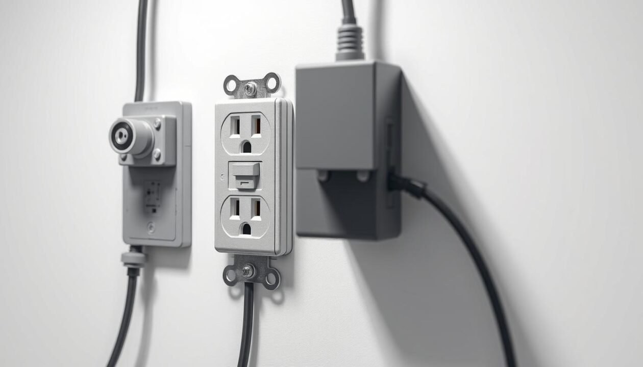 A detailed technical diagram depicting electrical safety precautions. The image shows a closeup view of a power outlet, circuit breaker, and various electrical components against a crisp white background. The components are rendered in a high-fidelity, photorealistic style with a muted color palette and precise attention to materials and textures. Subtle shadows and reflections convey a sense of depth and three-dimensionality. The overall tone is serious and informative, meant to illustrate best practices for safely connecting electrical devices. The composition is balanced and the lighting is neutral, allowing the technical details to take center stage.