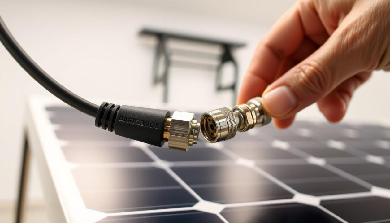 A detailed, technical installation of MC4 solar panel cables. In the foreground, a close-up view of the MC4 connectors being carefully joined, showcasing the intricate assembly process. In the middle ground, the solar panel frame and mounting structure come into view, providing context. The background features a clean, neutral setting to allow the technical details to take center stage. Balanced lighting illuminates the scene, casting subtle shadows that accentuate the three-dimensional nature of the components. The overall mood is one of precision, professionalism, and attention to detail, reflecting the importance of proper solar panel installation.