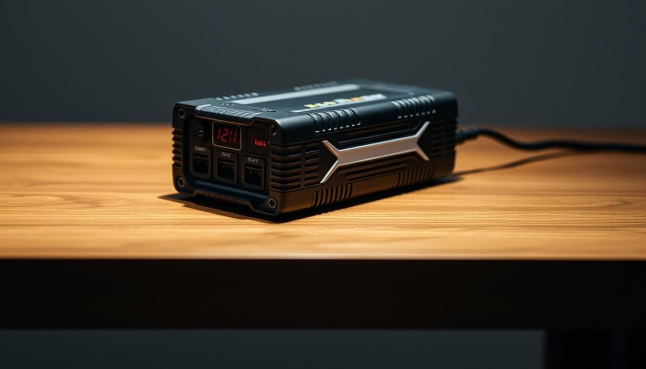 A detailed, well-lit photograph of a standard 12V battery charger on a wooden surface. The charger is made of black and silver metal, with an LED display and several input/output ports. The charger sits atop a dark brown wooden table, with a soft, even lighting illuminating the scene. The angle showcases the charger's key features - the control panel, indicator lights, and charging ports - to clearly illustrate its function and design. The image has a clean, minimalist aesthetic, allowing the battery charger to be the central focus.