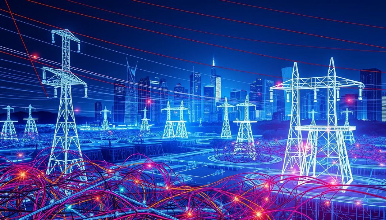 A futuristic power grid with sleek, interconnected nodes pulsing with optimized electrical energy. In the foreground, a tangle of colorful wires and circuits, their intricate patterns suggesting a complex, dynamic system. In the middle ground, glowing wireframe towers and transformers, their angular forms casting long shadows across the landscape. In the background, a cityscape of gleaming skyscrapers, their windows reflecting the glow of the efficient power network. The scene is bathed in a cool, blue-white light, creating a sense of technological precision and control. The overall atmosphere conveys the idea of a highly sophisticated, meticulously managed electrical infrastructure, poised to power the cities of the future.