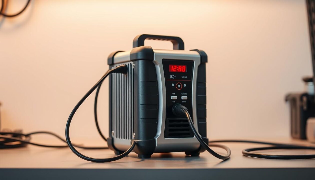 A high-quality battery charger stands on a clean, well-lit workbench, its sleek metallic casing gleaming under warm studio lighting. Delicate yet sturdy cables snake out from the charger, ready to connect to a dormant car or motorcycle battery. The charger's intuitive controls and digital display invite the user to carefully monitor the charging process, ensuring the battery maintains its optimal charge during long-term storage. The overall scene conveys a sense of precision, care, and technical expertise required to properly maintain an unused battery. A high-quality battery charger stands on a clean, well-lit workbench, its sleek metallic casing gleaming under warm studio lighting. Delicate yet sturdy cables snake out from the charger, ready to connect to a dormant car or motorcycle battery. The charger's intuitive controls and digital display invite the user to carefully monitor the charging process, ensuring the battery maintains its optimal charge during long-term storage. The overall scene conveys a sense of precision, care, and technical expertise required to properly maintain an unused battery.