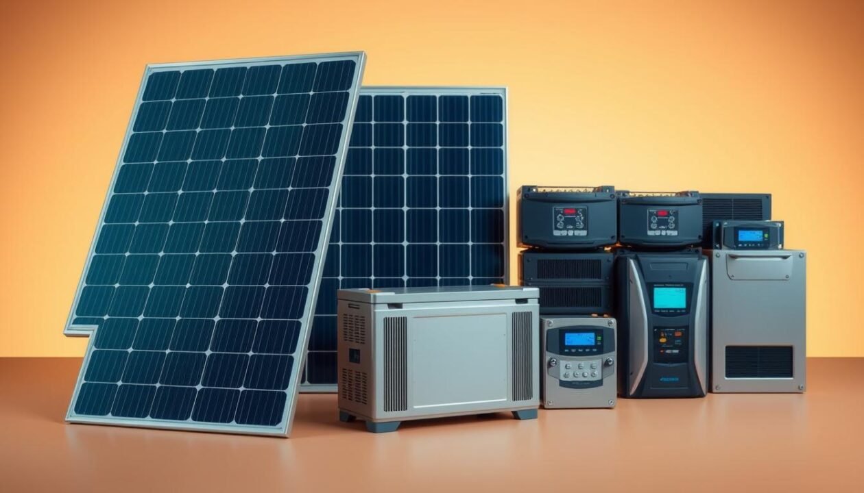 A high-quality solar battery kit for off-grid power, showcasing a sleek, modern design. In the foreground, a solar panel stands tall, its surface gleaming under crisp, directional lighting. Surrounding it, a compact, minimalist battery storage unit, its metallic casing reflecting the panel's clean lines. In the middle ground, an array of charge controllers and inverters, their digital displays radiating a soft, ambient glow. The background fades into a warm, neutral tone, creating a sense of focus and clarity on the key components. The overall composition conveys a sense of efficiency, reliability, and technological sophistication - the perfect solution for a seamless solar power setup.