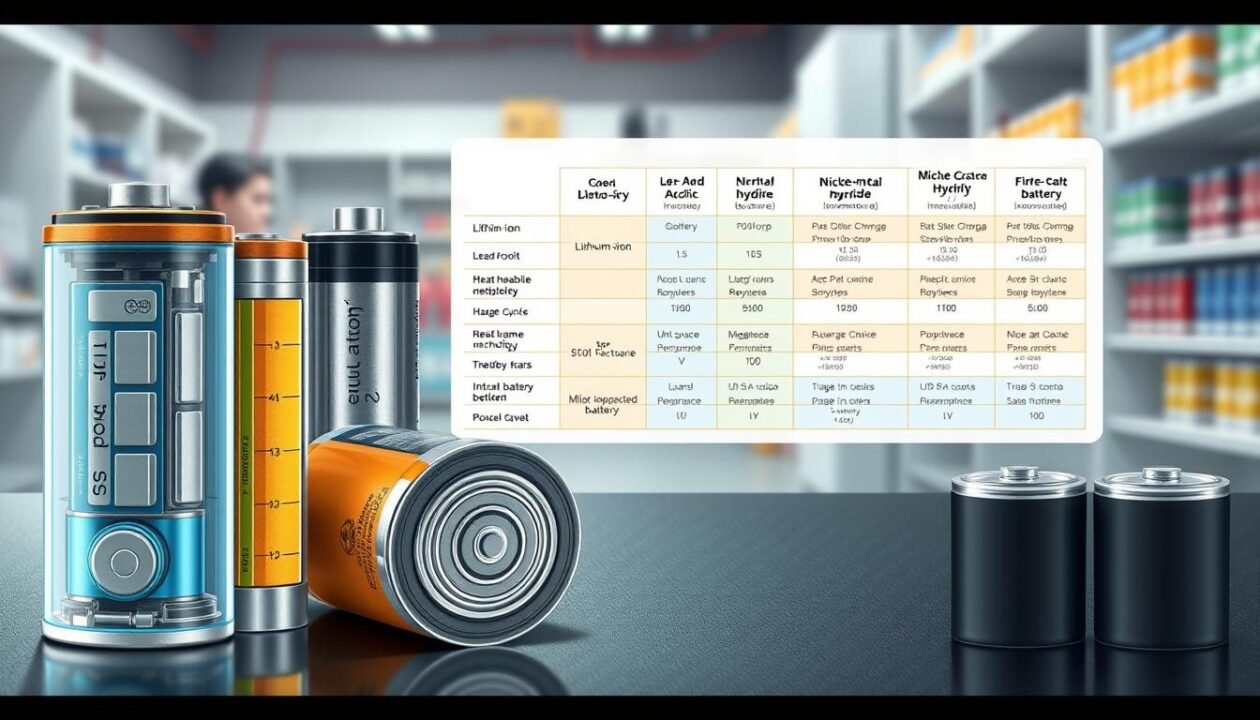 A highly detailed, technical illustration comparing different types of batteries. The foreground depicts the internal components and cross-section of several common battery types, such as lithium-ion, lead-acid, and nickel-metal hydride, with labeled parts and key specifications. The middle ground shows a comparative chart highlighting the performance characteristics, charge cycles, and lifespans of each battery technology. The background features a softly blurred laboratory setting, with scientific equipment and shelves of battery samples. The overall mood is educational and informative, with a focus on visually communicating the technical differences between battery types.