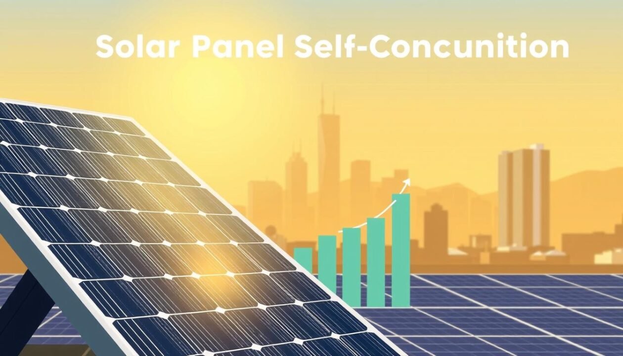 A modern and minimalist illustration depicting the financial profitability of solar panel self-consumption. In the foreground, a detailed solar panel array casts soft, directional lighting across a stylized bar graph representing the cost savings over time. The middle ground features a clean, geometric cityscape backdrop, suggesting the practical application in an urban setting. The background is a warm, gradient sky, infusing the scene with a sense of tranquility and sustainability. The overall composition conveys the long-term financial advantages of solar panel self-consumption in a visually appealing and informative manner.