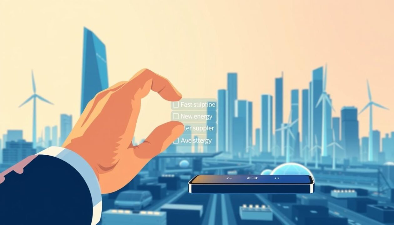 A modern, minimal illustration depicting a person switching their electric utility provider. The foreground features a person's hand confidently selecting a new energy supplier from a list on a digital device. The middle ground shows a sleek, futuristic cityscape with skyscrapers and clean energy infrastructure. The background has a soft, warm gradient conveying a sense of progress and efficiency. The lighting is crisp and directional, creating depth and highlighting the key focal points. The overall mood is one of empowerment, innovation, and environmental consciousness.