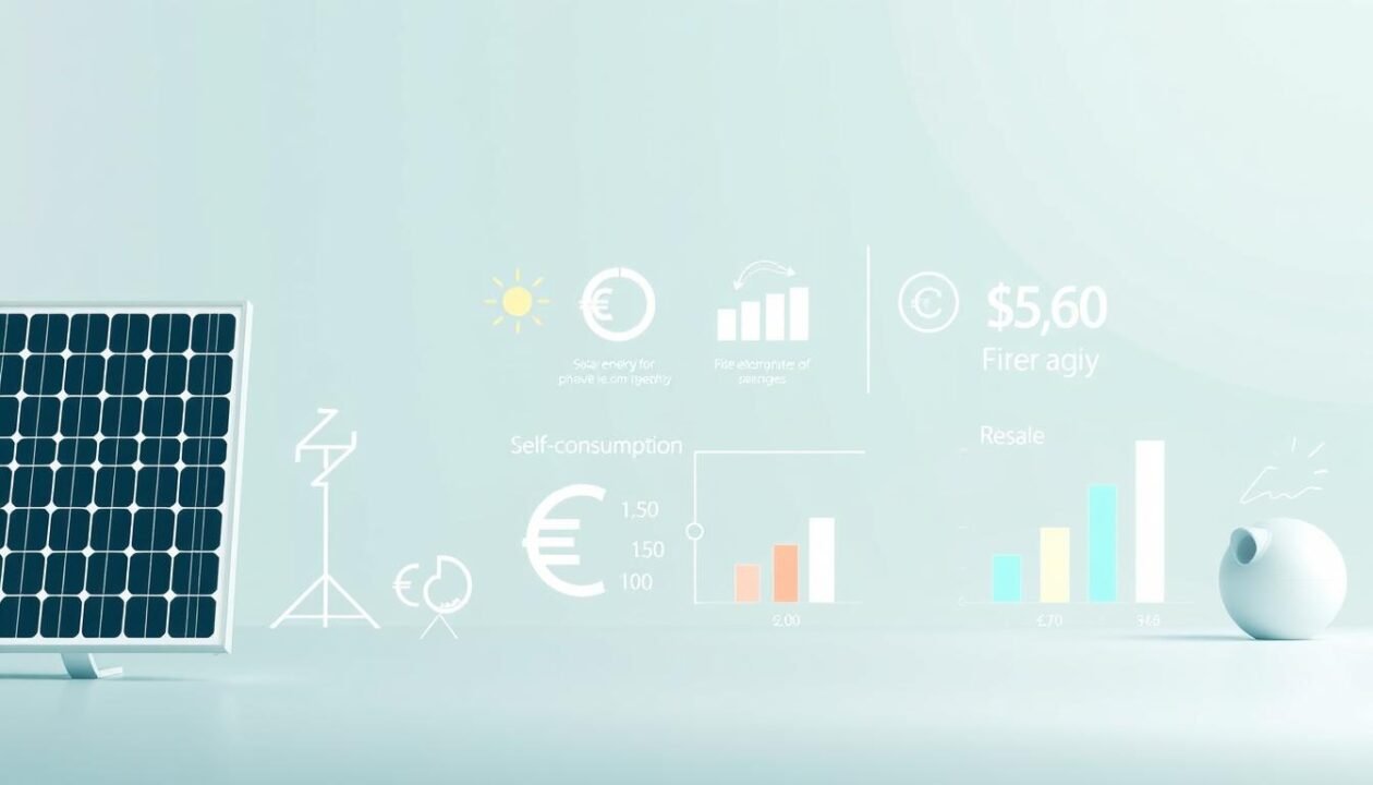 A modern, minimalist financial infographic depicting financial aid programs for solar energy self-consumption and resale. In the foreground, crisp illustrations of solar panels, electricity symbols, and Euro currency icons. In the middle ground, clean data visualizations and bar charts showcasing the comparative benefits of self-consumption versus resale. The background features a subtle gradient of muted blue and green hues, evoking renewable energy and sustainability. The overall composition is balanced, with ample negative space to allow the key information to stand out clearly. The lighting is soft and diffused, creating a sense of clarity and professionalism. The camera angle is slightly elevated, giving the viewer an authoritative perspective on the subject matter.
