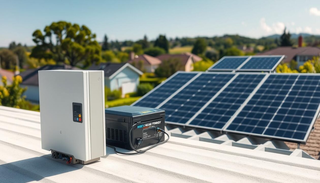 A practical use case scene showcasing a residential rooftop with solar panels, a micro-inverter, and an energy storage battery system. The foreground features the micro-inverter and battery, meticulously detailed with a clean, modern aesthetic. In the middle ground, the solar panels are neatly arranged, capturing the sun's rays with efficiency. The background depicts a picturesque suburban neighborhood, with lush greenery and a clear, blue sky overhead, creating a serene and sustainable atmosphere. The lighting is natural and diffused, highlighting the technical components while maintaining a warm, inviting tone. The camera angle is slightly elevated, providing a comprehensive view of the integrated renewable energy solution.