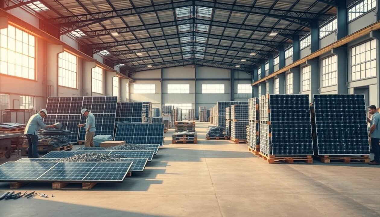 A serene industrial landscape with a repurposed solar panel recycling facility. In the foreground, a team of technicians meticulously disassembling spent panels, extracting valuable materials. The middle ground showcases neatly stacked pallets of refurbished components, ready for a second life. In the background, a modern warehouse with floor-to-ceiling windows bathes the scene in warm, diffused natural light. The atmosphere is one of sustainable innovation, where the once-discarded is given new purpose, contributing to a circular economy.