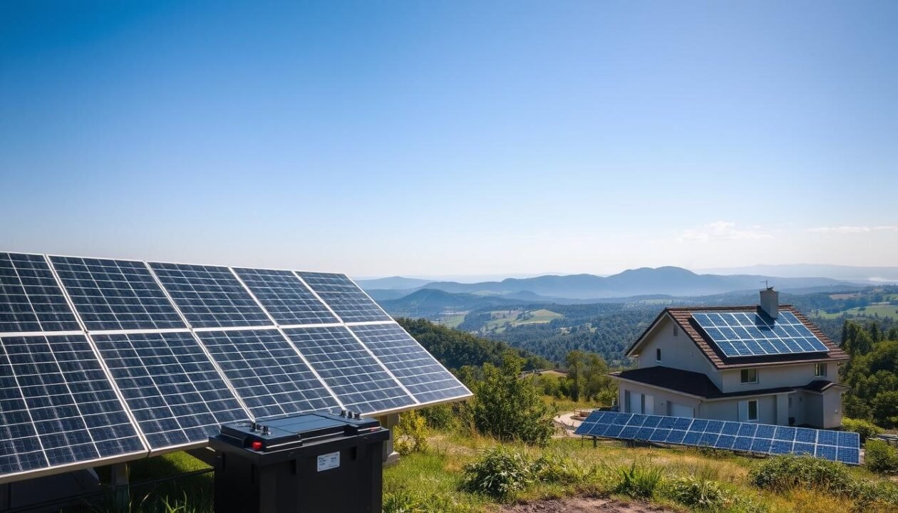A serene solar panel array set against a lush, verdant landscape. The panels cast a warm, golden glow, harnessing the sun's abundant energy with minimal environmental impact. In the foreground, a battery bank stands as a symbol of the self-sufficient, off-grid lifestyle. The middle ground features a nearby residential home, its rooftop adorned with additional solar panels, seamlessly integrated into the architectural design. The background showcases a panoramic view of rolling hills and a clear, azure sky, emphasizing the harmony between renewable energy and the natural world. The overall composition conveys a sense of sustainability, environmental consciousness, and the tangible benefits of solar self-consumption.