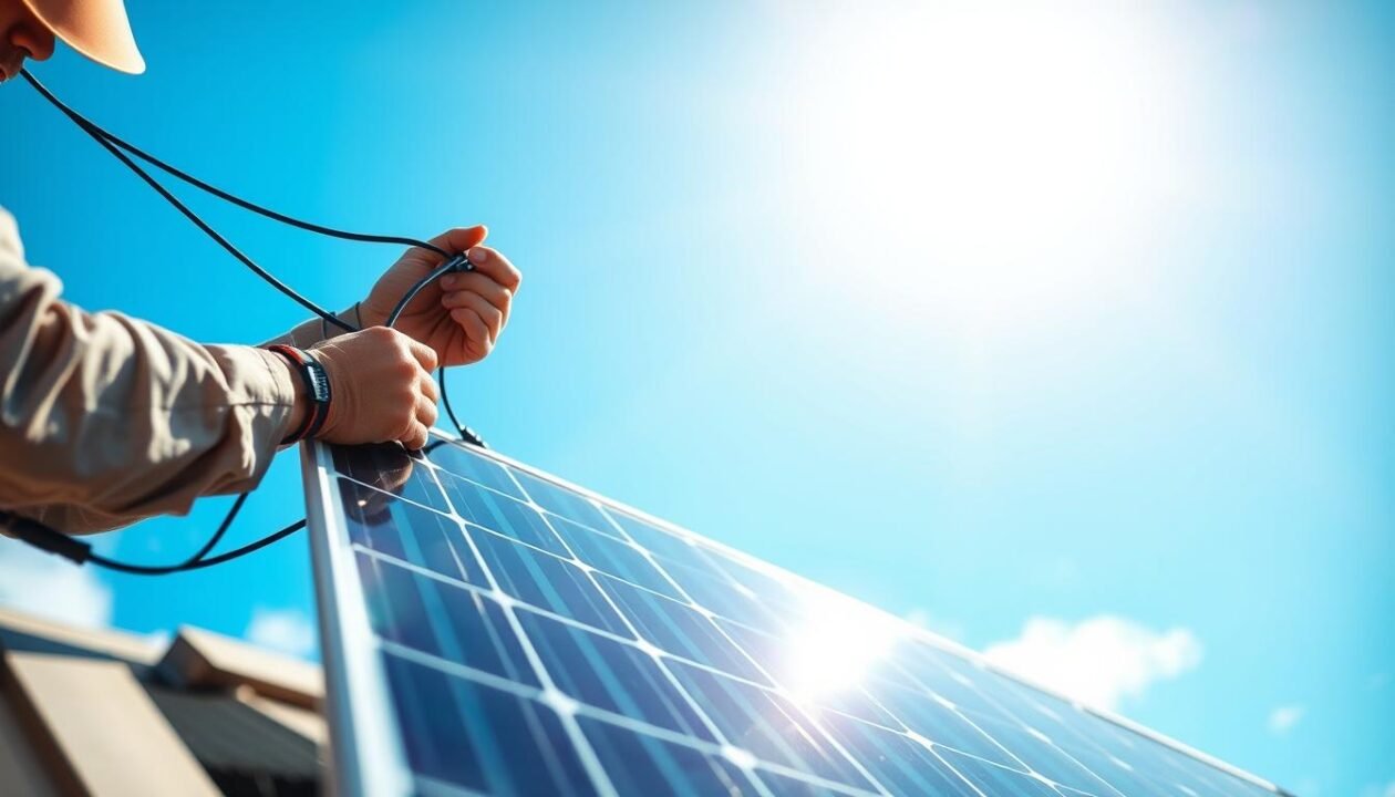 A solar panel installation against a bright, sunny backdrop. In the foreground, a worker diligently secures the panel to a rooftop, their hands expertly manipulating the wiring and mounting hardware. The middle ground showcases the sleek, modern design of the solar panel, its surface glistening with a metallic sheen. In the background, a cloudless azure sky serves as the perfect canvas, emphasizing the renewable energy potential. The overall scene conveys a sense of progress, sustainability, and a successful, well-executed installation process. A solar panel installation against a bright, sunny backdrop. In the foreground, a worker diligently secures the panel to a rooftop, their hands expertly manipulating the wiring and mounting hardware. The middle ground showcases the sleek, modern design of the solar panel, its surface glistening with a metallic sheen. In the background, a cloudless azure sky serves as the perfect canvas, emphasizing the renewable energy potential. The overall scene conveys a sense of progress, sustainability, and a successful, well-executed installation process.