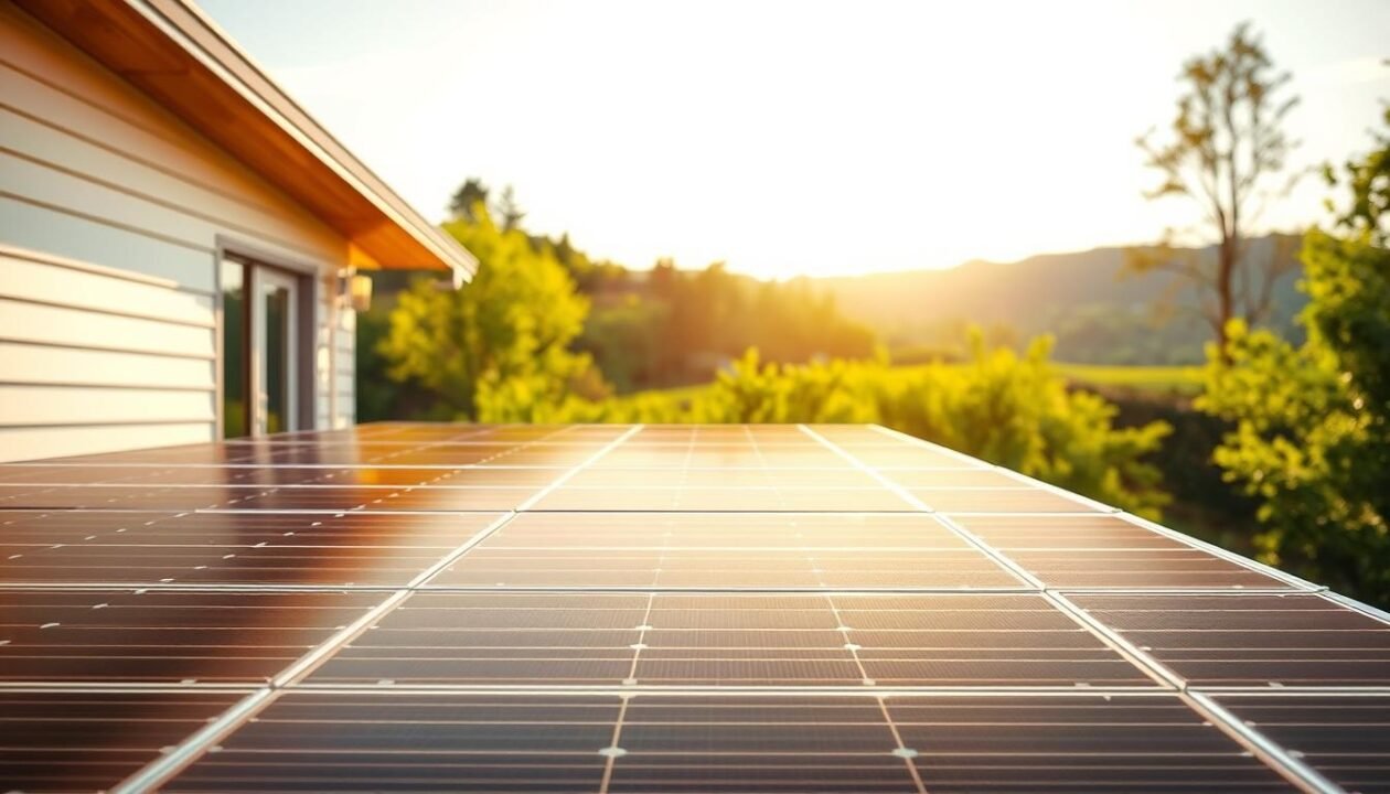 A solar-powered smart home installation, bathed in warm, golden light. In the foreground, a neatly arranged array of photovoltaic panels, their sleek black surfaces catching the sun's rays. The middle ground showcases the seamless integration of the panels with the home's architecture, blending form and function. In the background, a lush, verdant landscape provides a serene, natural backdrop, emphasizing the eco-friendly nature of the setup. The composition is balanced, with clean lines and a sense of order, reflecting the efficient and thoughtful design of this smart solar system. Technical details like the optimal panel tilt and orientation are carefully considered, maximizing energy generation. The overall mood is one of modern sustainability, where technology and nature coexist harmoniously.