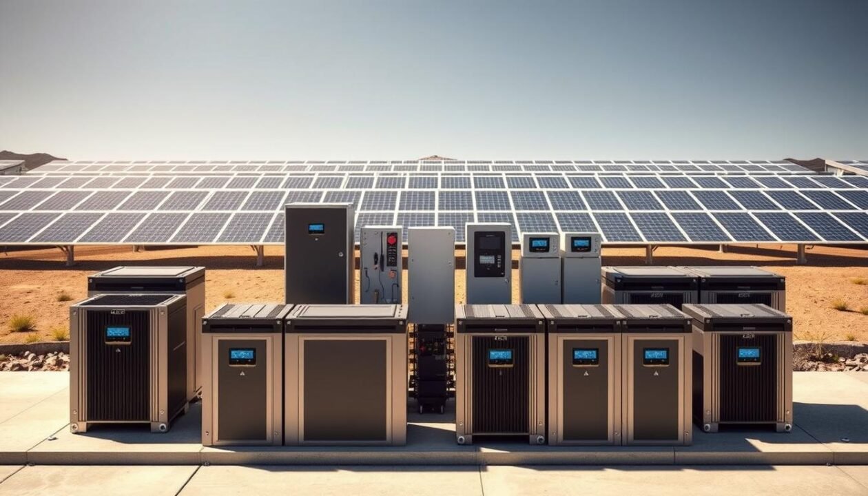 A sophisticated energy storage system set against a serene, minimalist landscape. In the foreground, a bank of high-capacity lithium-ion batteries arranged in a sleek, modular design, their metallic enclosures gleaming under soft, diffused lighting. The middle ground features a series of inverters and charge controllers, their digital displays providing real-time data on the system's performance. In the background, a sprawling array of solar panels, their surfaces angled to capture the sun's rays, seamlessly integrated into the overall design. The atmosphere is one of efficiency, reliability, and technical prowess, showcasing a comprehensive energy storage solution tailored for a high-capacity solar power system.