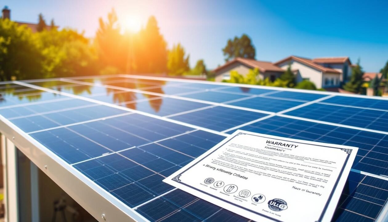 A sun-dappled solar panel array sits atop a sleek modern home, its gleaming surfaces reflecting the clear blue sky. In the foreground, a warranty certificate and accompanying documents are prominently displayed, conveying a sense of security and protection for the homeowner's investment. The middle ground features various icons and symbols denoting the panel's durability, longevity, and manufacturer guarantees. In the background, lush greenery and a tranquil residential setting create a harmonious, eco-friendly atmosphere. Soft, natural lighting illuminates the scene, highlighting the reliability and peace of mind offered by the solar panel's comprehensive warranties and safeguards.
