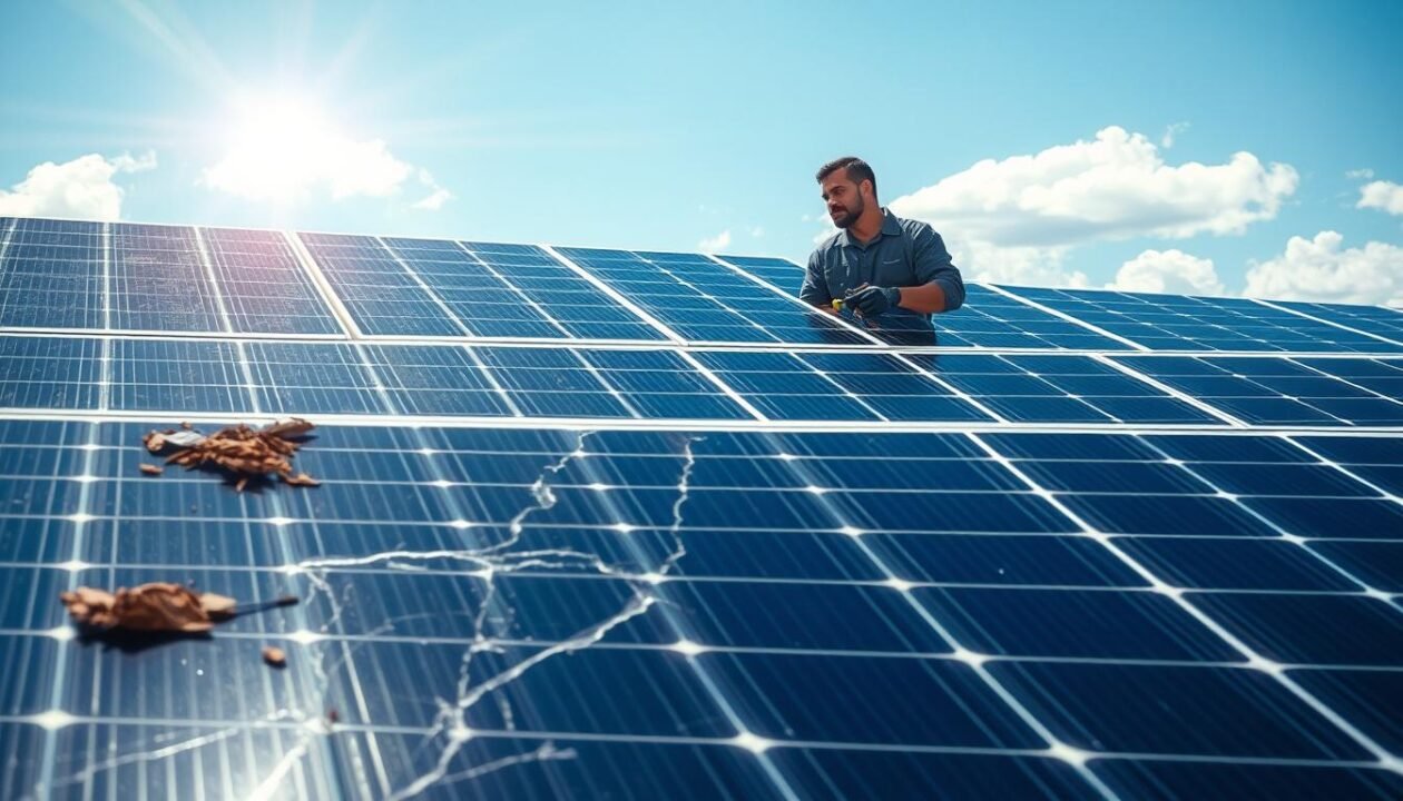 A sun-drenched solar panel array, its gleaming panels tilted at an optimal angle to capture the sun's rays. In the foreground, a series of common issues are depicted: a panel partially obscured by debris, another with a cracked surface, and a third exhibiting discoloration from weathering. The middle ground showcases a technician carefully examining the system, tools in hand, while the background features a serene, cloud-dotted sky. The lighting is crisp and natural, highlighting the technical details and the problem areas that require attention. This image encapsulates the challenges faced in maintaining a well-functioning solar power system, setting the stage for a comprehensive diagnostic guide.