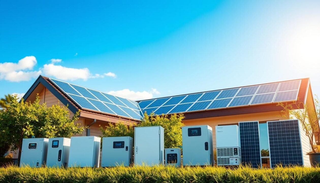 A sun-drenched solar panel array set against a backdrop of a modern, energy-efficient home. Sleek, minimalist architectural lines accented by lush greenery and a clear blue sky. The foreground features a range of cutting-edge energy storage solutions, from compact home batteries to next-generation inverters, all seamlessly integrated into the building's design. Warm natural lighting casts gentle shadows, highlighting the innovative technologies that empower self-sufficiency and sustainable living. The overall scene conveys a sense of harmony between technology and the natural environment, showcasing the latest advancements in the field of residential solar power and energy self-consumption.